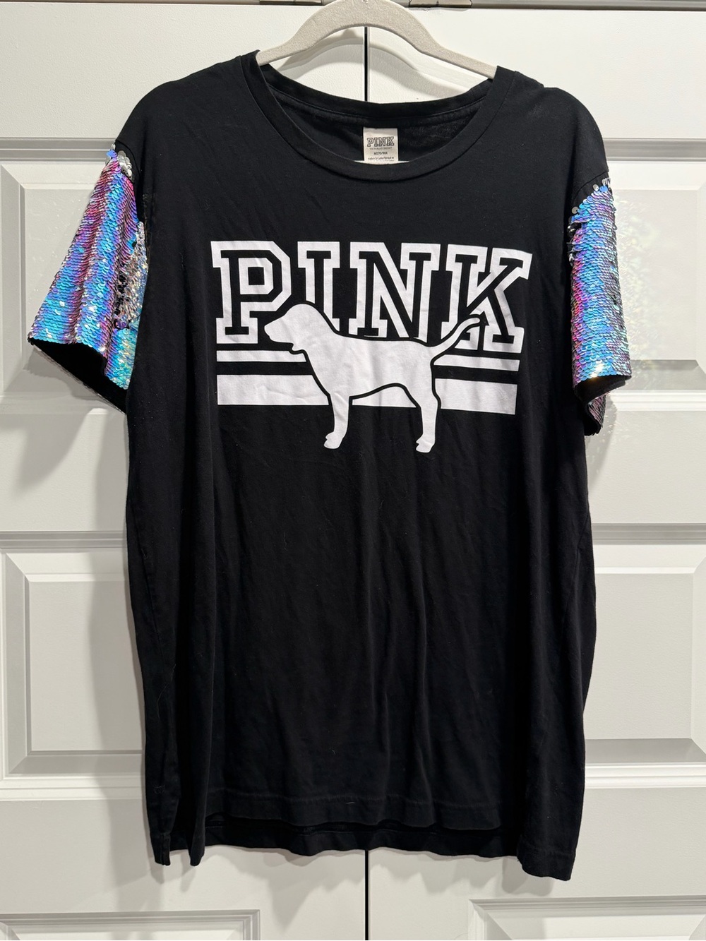PINK Victoria's Secret Black Tee with Iridescent Sequin Sleeve